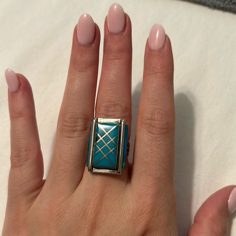 Sterling Silver Turquoise Inlay Statement Ring - Blue